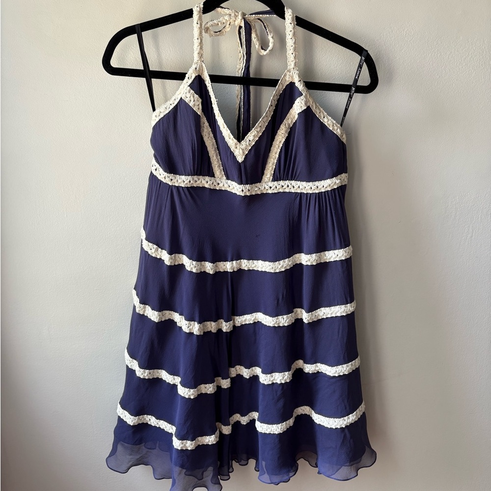 Betsey Johnson Silk Halter Dress Navy w/ White Crochet Trim Size 8